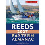 A sailboat on turquoise water with green hills. Text: "Reeds Eastern Almanac 2027 by Reeds—essential for UK east coast cruising, including the Netherlands and Belgium.