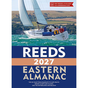 A sailboat on turquoise water with green hills. Text: "Reeds Eastern Almanac 2027 by Reeds—essential for UK east coast cruising, including the Netherlands and Belgium.