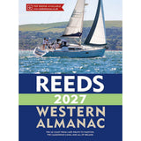 A sailboat sails on a sunny sea with hills beyond. Text: "Reeds Western Almanac 2027 by Reeds—coastal guide and navigation info for the UK coast (Cape Wrath to Padstow), The Caledonian Canal, and all of Ireland.