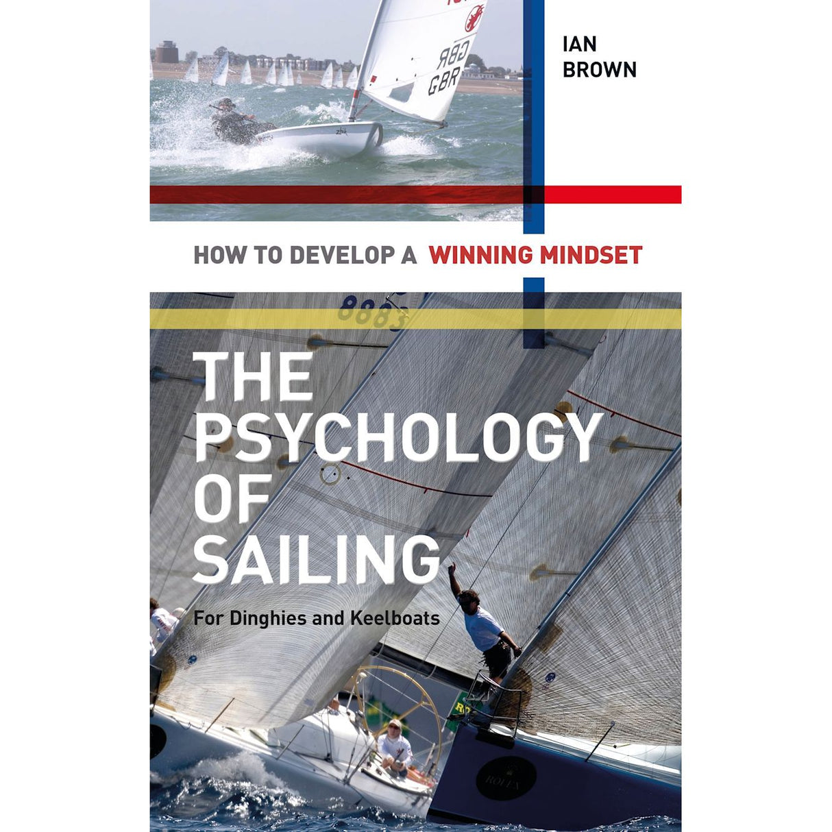 Adlard Coles' book cover for "The Psychology of Sailing for Dinghies and Keelboats" by Ian Brown. It showcases a sailboat racing scene, with sailors navigating challenging waves, emphasizing the sailing psychology needed to cultivate a winning mindset.