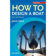 The "How to Design a Boat" cover by Adlard Coles features a stunning boat, illustrating the art of boat design, held aloft by cranes against a clear sky. The title and author's name appear prominently, with "4th edition" noted at the bottom.