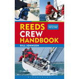 Cover of Reeds Crew Handbook, an essential yacht crew guide by Reeds. Showcases action images of sailors: one holding a rope, another leaning off a sailboat, and a group on a yacht. Blue sky and ocean backdrop enhance this sailing primer's appeal.