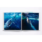 An open copy of The Life and Love of the Sea by Abrams Books showcases vibrant underwater photographs of penguins swimming and diving through blue waters, highlighting the beauty of marine wildlife surrounded by swirling bubbles and playful companions.