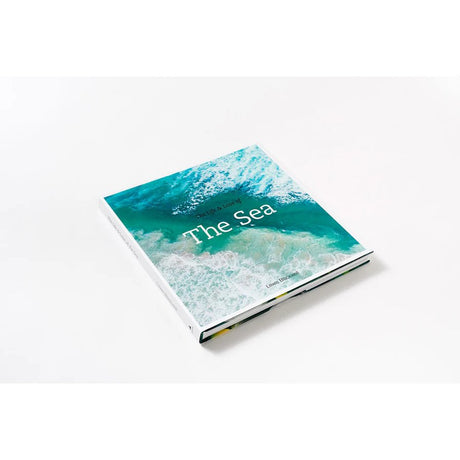 A book titled "The Life and Love of the Sea" by Abrams Books, featuring a cover photo of turquoise ocean waves meeting a sandy shore and showcasing stunning ocean images, is placed against a white background.