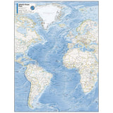 A National Geographic Atlantic Ocean Map showing political boundaries, bathymetric ocean floor topography, and undersea basins across the surrounding continents.