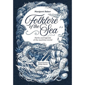 The "Folklore of the Sea" book cover by David & Charles Publishing features swirling blue and white art with a ship, sea serpent, waves, and a bearded figure—a vivid maritime tribute.