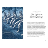 Illustration of sailors in a row pulling ropes aboard ship, with mast and sails in the background. Text introduces Chapter Eight, "Sea-Words: the Sailor's Language," from Folklore of the Sea by David & Charles Publishing.