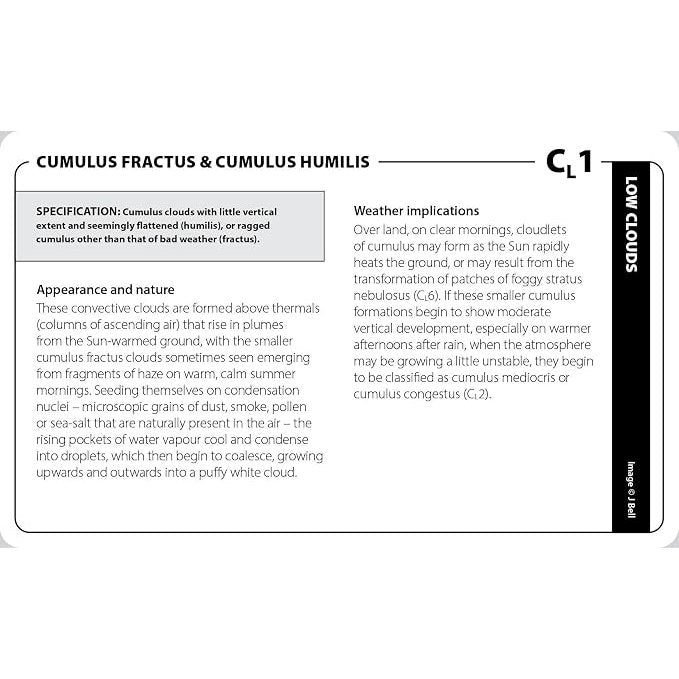 Educational card from The Cloud Deck labeled “Cumulus fractus & cumulus humilis,” featuring text detailing the specifications, appearance, and weather implications of these low-level cloud formations.
