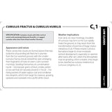 Educational card from The Cloud Deck labeled “Cumulus fractus & cumulus humilis,” featuring text detailing the specifications, appearance, and weather implications of these low-level cloud formations.