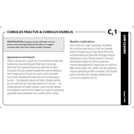 Educational card from The Cloud Deck labeled “Cumulus fractus & cumulus humilis,” featuring text detailing the specifications, appearance, and weather implications of these low-level cloud formations.