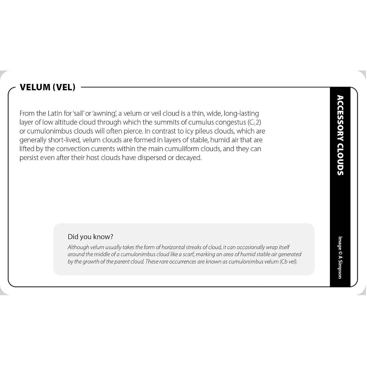 Educational card from The Cloud Deck titled “Velum (VEL)” explaining the definition of velum clouds, with a “Did you know?” section about their formation as part of cloud identification.