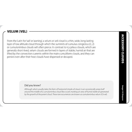 Educational card from The Cloud Deck titled “Velum (VEL)” explaining the definition of velum clouds, with a “Did you know?” section about their formation as part of cloud identification.
