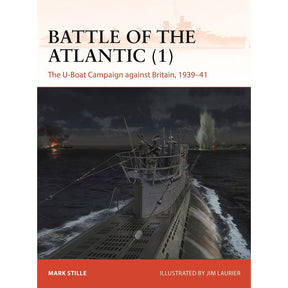 Cover of "Battle of the Atlantic (1)" by Osprey shows German U-boats in the North Atlantic at night under Royal Navy attack, with explosions and searchlights illuminating the scene.