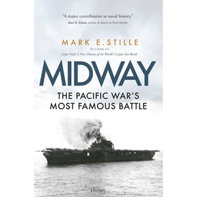 Book cover for "Midway" by Osprey, featuring a black-and-white photo of an aircraft carrier at sea with smoke rising, capturing the Battle of Midway's intensity in the Pacific during World War II.