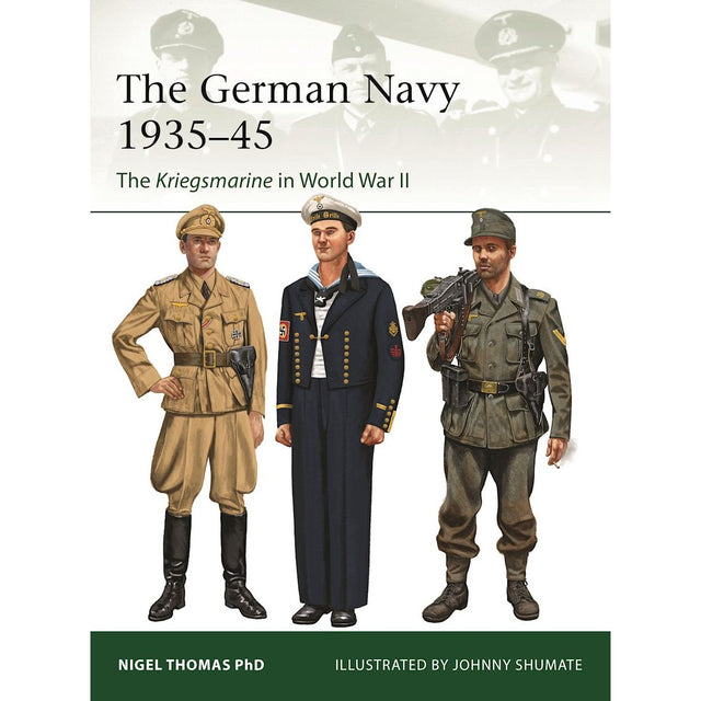 The cover of "The German Navy 1935–45" by Osprey features three illustrated Kriegsmarine personnel in various uniforms, set against a black-and-white wartime photograph of naval officers in the background.