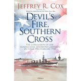 Book cover for "Devil’s Fire, Southern Cross" by Osprey, showcasing a battleship at sea with the American flag in the background and a palette of blue, white, and red—evoking the drama of the Pacific War and the monumental battles of the Guadalcanal-Solomons campaign.
