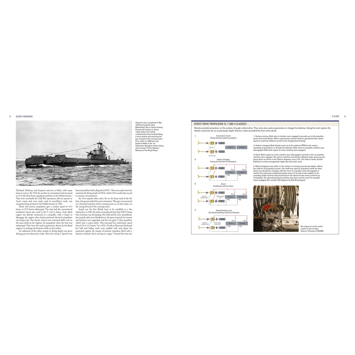 A two-page spread from Osprey’s Secret Warriors: the left shows a black-and-white submarine photo with caption; the right features a timeline, Royal Navy history text, and a small image of men dining together.