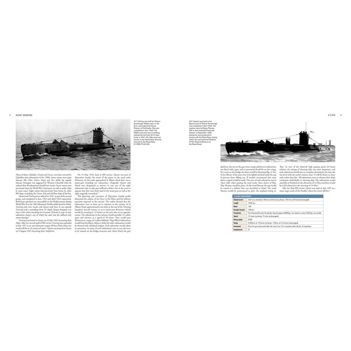 Two pages from Secret Warriors by Osprey show black-and-white photos of submarines. The left page covers submarine operations, while the right page presents a silhouette, text, and data table about Cold War subs and Royal Navy history.