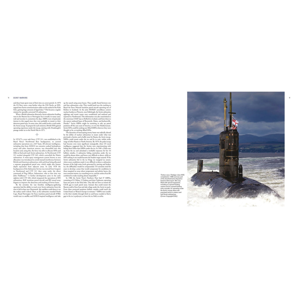 A two-page spread from Secret Warriors by Osprey features text on the left and a photo on the right of a submarine’s sail and flag in rough water, offering a dramatic Cold War glimpse with cloudy hills in the background.