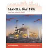 Book cover for Osprey’s "Manila Bay 1898," featuring a vivid naval battle illustration by Edouard A. Groult and written by Brian Lane Herder, dramatically capturing the pivotal Battle of Manila Bay during the Spanish–American War with ships and explosions at sea.