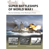 Osprey Publishing’s "Super-Battleships of World War I" features a dramatic cover with a big-gun warship under fire and three vintage black-and-white warship images below. Illustrated by Adam Tooby, authored by Angus Konstam.
