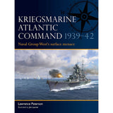 Book cover for "Kriegsmarine Atlantic Command 1939–42" by Lawrence Paterson, published by Osprey Publishing, shows a warship firing in an Atlantic battle with ships and a compass in the background.