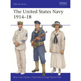 An illustration from Osprey’s The United States Navy 1914–18 depicts three US Navy personnel from the World War I era, featuring classic uniforms: a sailor in a white dress uniform, another in a blue working uniform holding a rifle, and a nurse in a white uniform—capturing the distinct appearance of the US Navy during 1914–18.