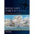 Osprey's "Royal Navy Force H 1940–42" book cover, by Angus Konstam and illustrated by Paul Wright, features Royal Navy warships at sea, a compass rose, and striking blue and orange colors.