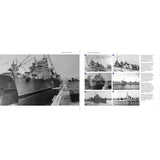 A two-page book spread from Osprey’s Soviet Cold War Destroyers features black-and-white photos of naval warships both docked and at sea, accompanied by text and captions on the right page detailing the formidable guided-missile capabilities of these destroyers and their pivotal role in Soviet Navy history.