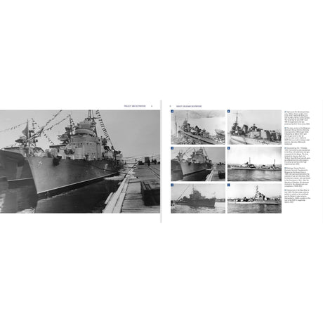 A two-page book spread from Osprey’s Soviet Cold War Destroyers features black-and-white photos of naval warships both docked and at sea, accompanied by text and captions on the right page detailing the formidable guided-missile capabilities of these destroyers and their pivotal role in Soviet Navy history.