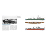 On the left page of Soviet Cold War Destroyers by Osprey, a grayscale photograph of a naval ship appears above descriptive text. The right page features side and top color illustrations detailing the structure and deck layout of a guided-missile ship, highlighting key features characteristic of Cold War Soviet destroyers and offering insights into the history of the Soviet Navy.