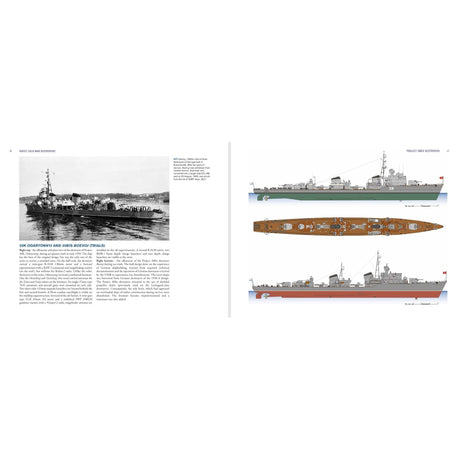 On the left page of Soviet Cold War Destroyers by Osprey, a grayscale photograph of a naval ship appears above descriptive text. The right page features side and top color illustrations detailing the structure and deck layout of a guided-missile ship, highlighting key features characteristic of Cold War Soviet destroyers and offering insights into the history of the Soviet Navy.