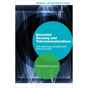 Book cover for "Essential Sensing and Telecommunications" by Christopher Lavers, part of the Reeds series, showing abstract blue, black, and green geometric shapes inspired by marine sensors. Published by Bloomsbury.
