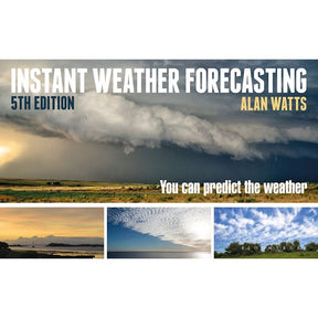 The "Instant Weather Forecasting" book by Adlard Coles features a 5th edition cover with storm clouds over a rural scene and three smaller cloud images, ideal for weather enthusiasts and outdoor lovers, declaring, "You can predict the weather.
