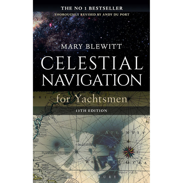 Book cover for "Celestial Navigation for Yachtsmen" by Adlard Coles, 13th edition, showcases a starry night sky with a vintage map and compass rose at the bottom, capturing the classic essence of sextant navigation.