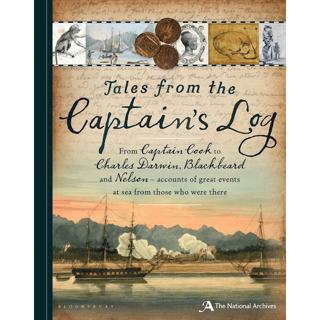 Adlard Coles' "Tales from the Captain's Log" book cover displays old coins, sketches, and ship paintings, with text on historic figures inspired by ship commanders' journals and naval logs.