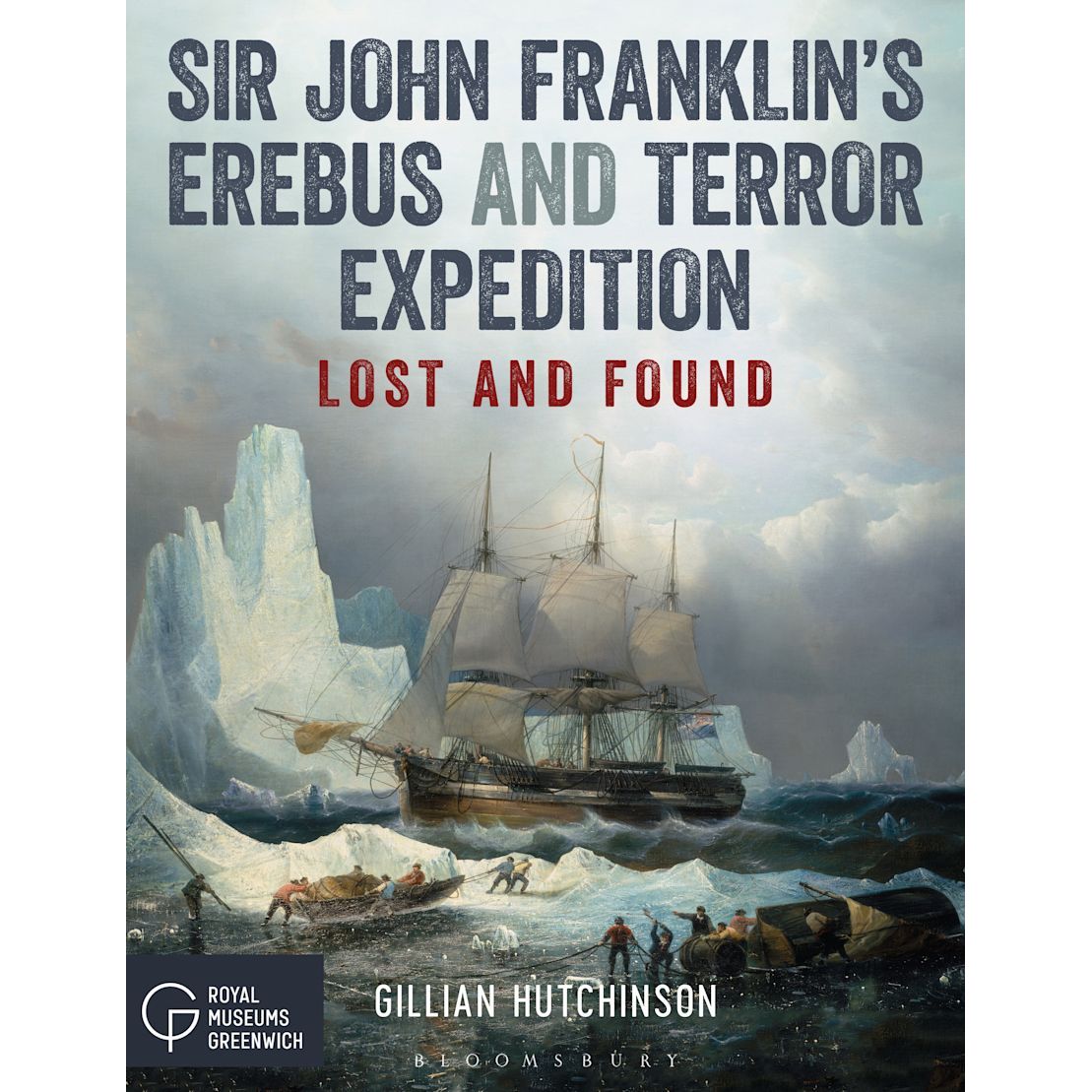 Illustration of two ships navigating icy waters in the North-West Passage, surrounded by icebergs and a stormy sky. Text: "Sir John Franklin's Erebus and Terror Expedition" by Adlard Coles. Royal Museums Greenwich logo at the bottom.