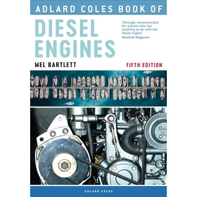 Cover of "Adlard Coles Book of Diesel Engines" by Adlard Coles, Fifth Edition features aerial boat views, ideal for boatowners. Below, a close-up reveals engine maintenance details with belts and pulleys against a blue-black background.