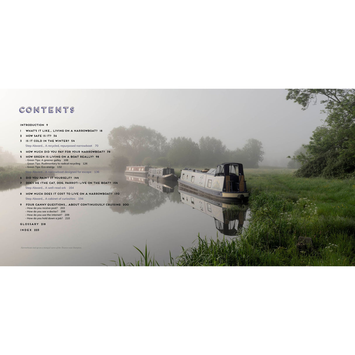 A foggy riverside scene with three narrowboats moored by grassy banks, surrounded by trees and greenery. On the left, the table of contents for "Narrowboat Life" by Adlard Coles is overlaid in purple and black text.