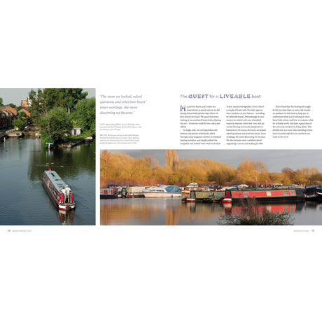 A magazine spread features the book "Narrowboat Life" by Adlard Coles, showing canal boats—one red and white cruising and others moored among autumn trees—with text and quotes about living on liveaboard waterways.