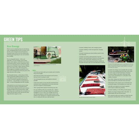 A green-themed "Green Tips: Eco Energy" section in Narrowboat Life by Adlard Coles offers eco-friendly tips, features a portable solar panel, kayakers, and carpets drying on deck—perfect for sustainable narrowboat travel.
