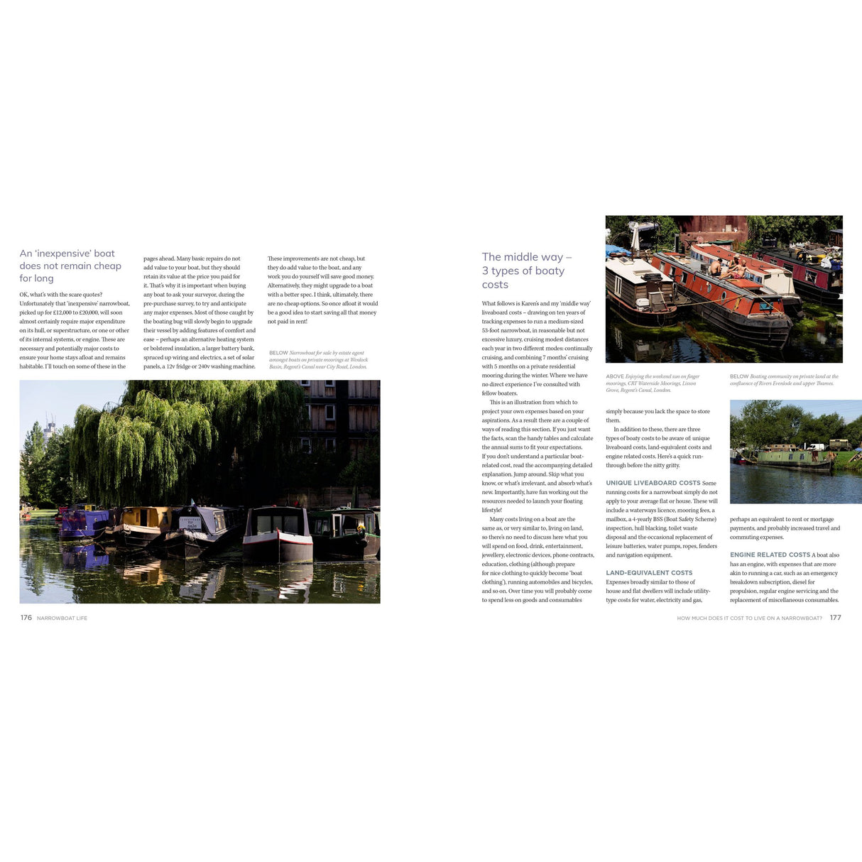 A magazine spread showcases colorful narrowboats moored by a tree-lined canal, with lush reflections in the water. Accompanying text from Adlard Coles’ "Narrowboat Life" details the costs of living aboard these vibrant boats.