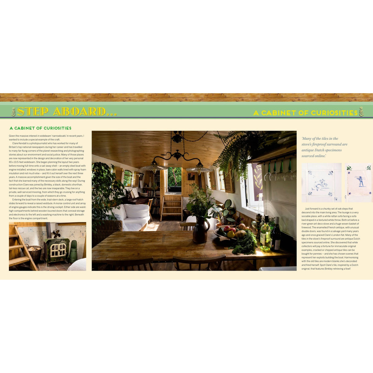 A magazine spread showcases a cozy, plant-filled houseboat with wood ceilings, a dining table, and large windows. Columns describe the space as a cabinet of curiosities—perfect inspiration from Adlard Coles’ Narrowboat Life.