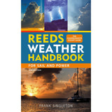 Cover of "Reeds Weather Handbook" by Reeds, showing striking sailing weather—clouds, lightning, and a sailboat at sunset—to capture the essence of this practical guide for sailors and powerboaters.
