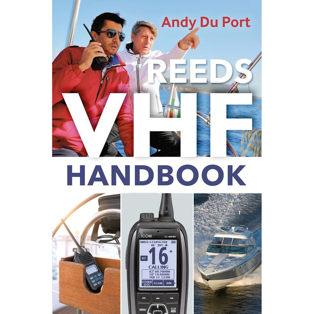 The cover of the Reeds VHF Handbook features two men on a boat using a VHF radio, with a close-up of the device. A speedboat skims the water under bold text, appealing to those seeking their Short Range Certificate.