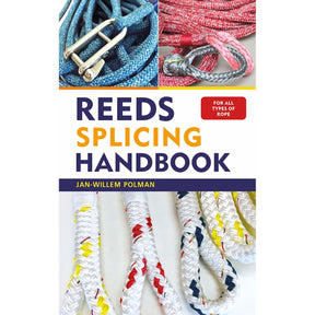 Book cover of Adlard Coles' "Reeds Splicing Handbook" shows rope splicing with D-Splicer needles on braided blue, red, white, and yellow rope, featuring a bold title in purple, orange, and yellow.