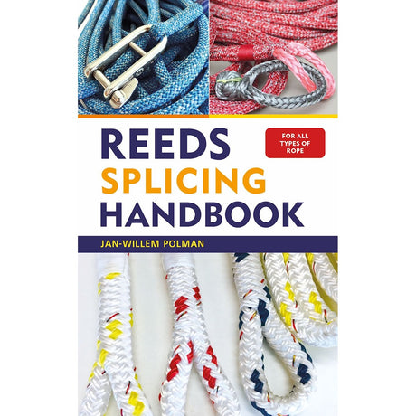 Book cover of Adlard Coles' "Reeds Splicing Handbook" shows rope splicing with D-Splicer needles on braided blue, red, white, and yellow rope, featuring a bold title in purple, orange, and yellow.