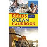 Cover of "Reeds Ocean Handbook" by Bill Johnson. It showcases a collage of boating activities: someone adjusting a winch, operating a compass, using a sextant, and steering during blue water sailing. The text reads "The Comprehensive Pocket Guide" on a bright background.