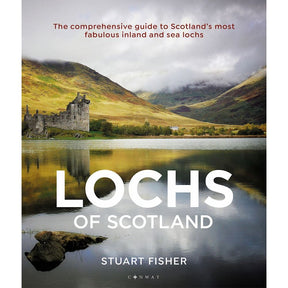 Cover of "Lochs of Scotland" by Conway features a scenic loch with a castle, hills, and clouds. The top text reads, "Exploring Scottish lochs: The comprehensive guide to Scotland's most fabulous inland and sea lochs.