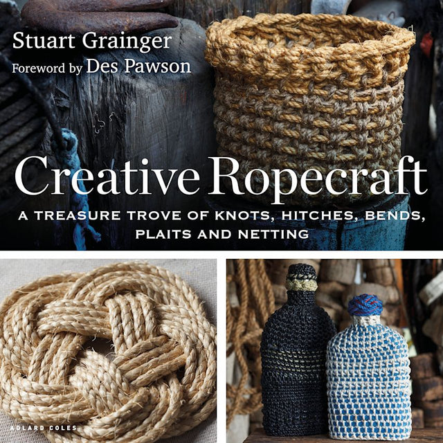 A collage of images showcasing ropecraft: At the top, a book named "Creative Ropecraft" by Adlard Coles. On the bottom left, an intricate woven rope mat displaying decorative knotwork. On the bottom right, two bottles adorned with artistic rope weaving.